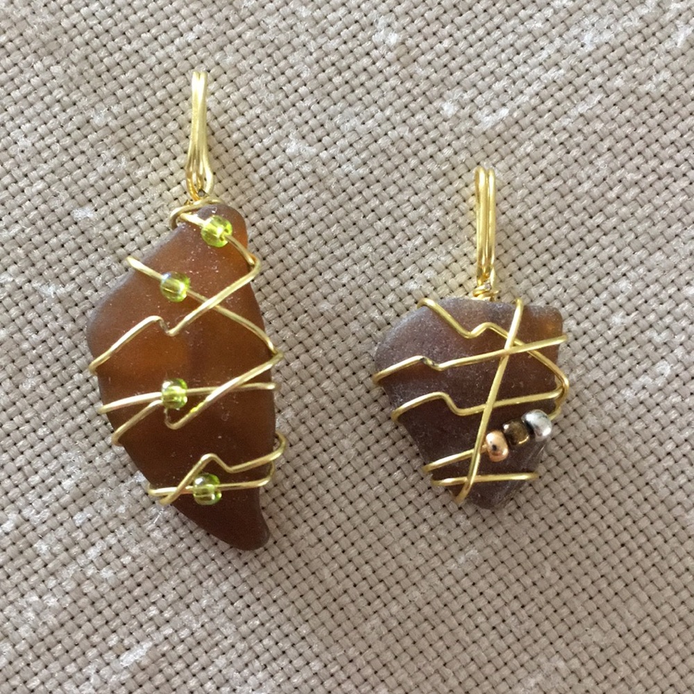 Hand Crafted 2 Pendants Brown Gold Toned